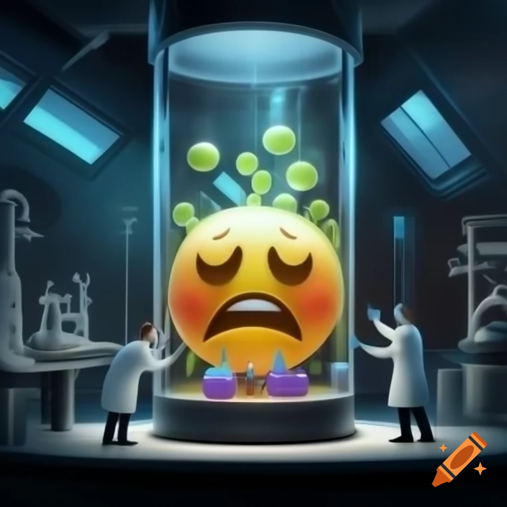Researchers growing a large biological sad-emoji in a futuristic laboratory