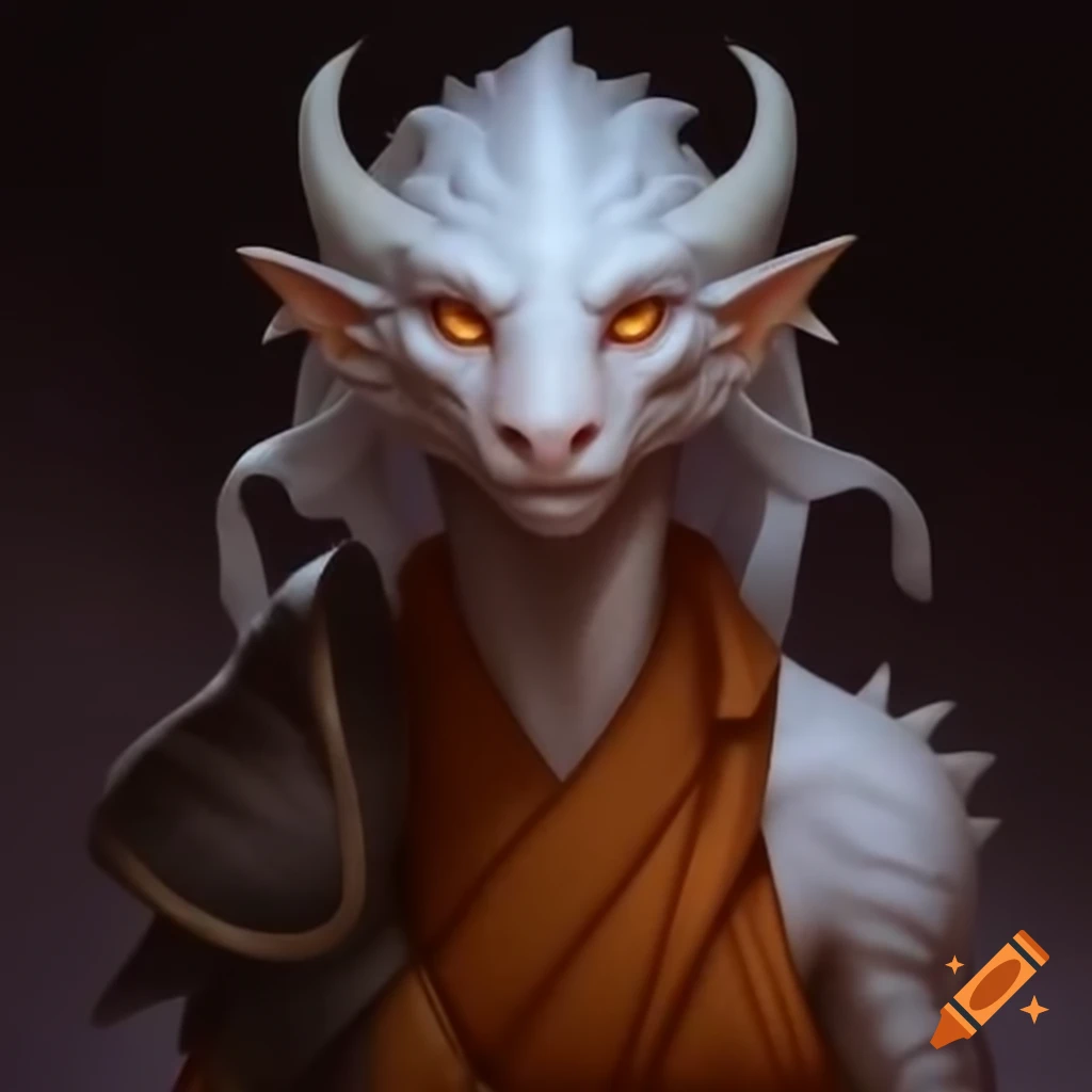 Female dragonborn with white scales wearing a black monk's cowl