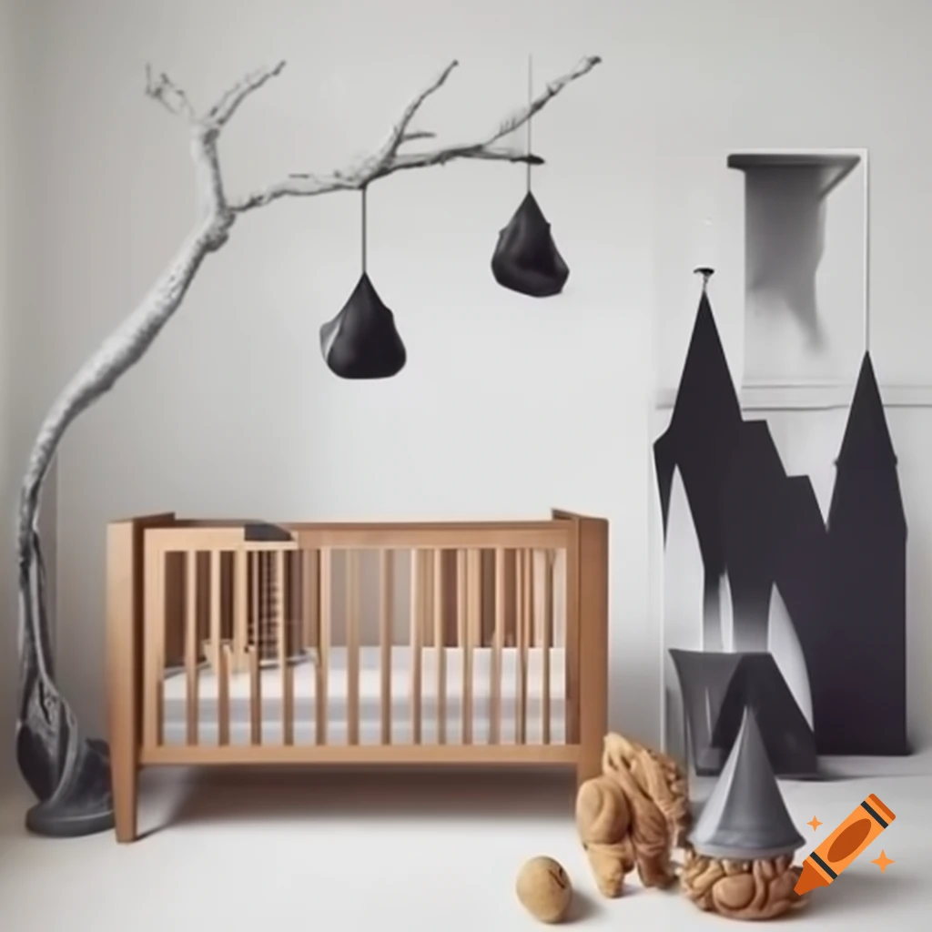 Gothic style nursery with abstract toys and lamps inspired by Hieronymus Bosch