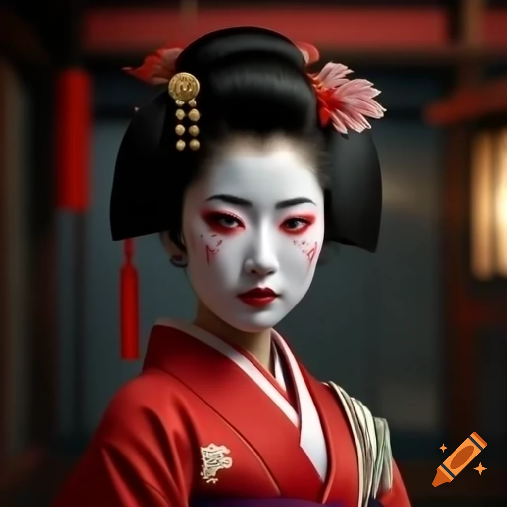 Japanese geisha wearing red kimono