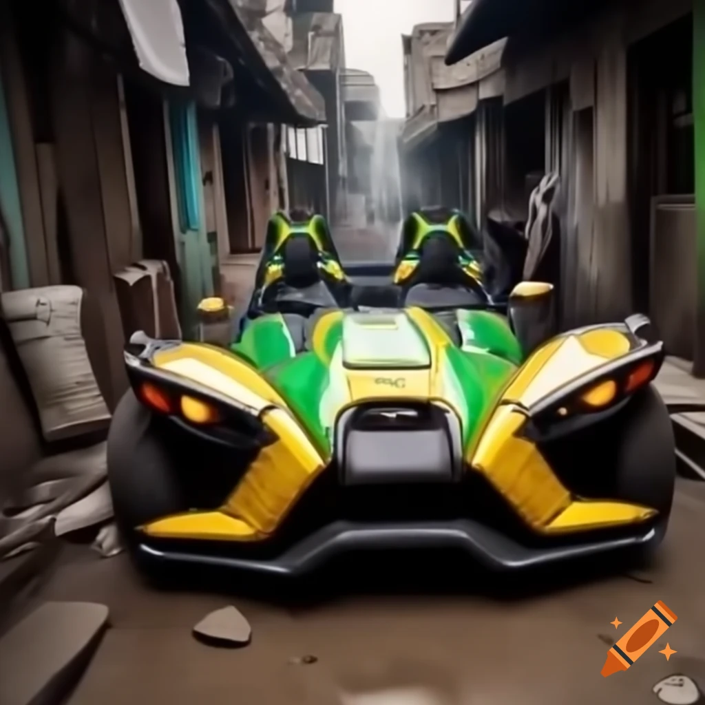 Yellow and green Polaris Slingshot driven by man in Indian slum, side view