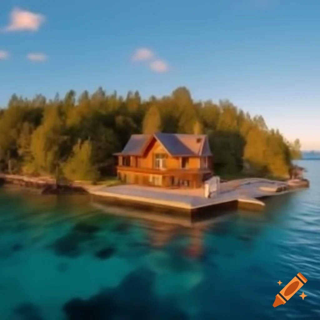 Luxurious log cabin on private island with turquoise waters and sunny sky