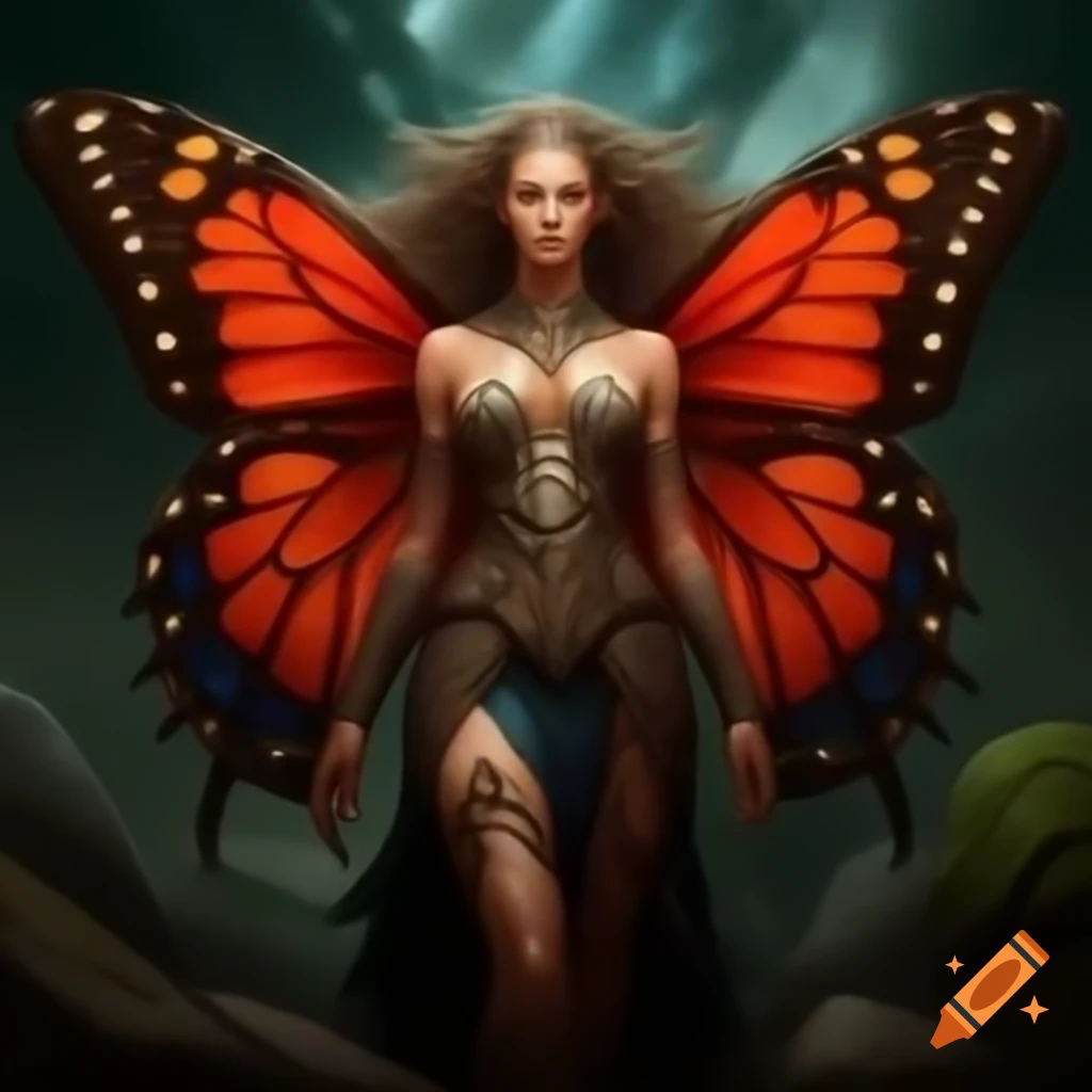 Female druid gracefully on large ruby red butterfly wings