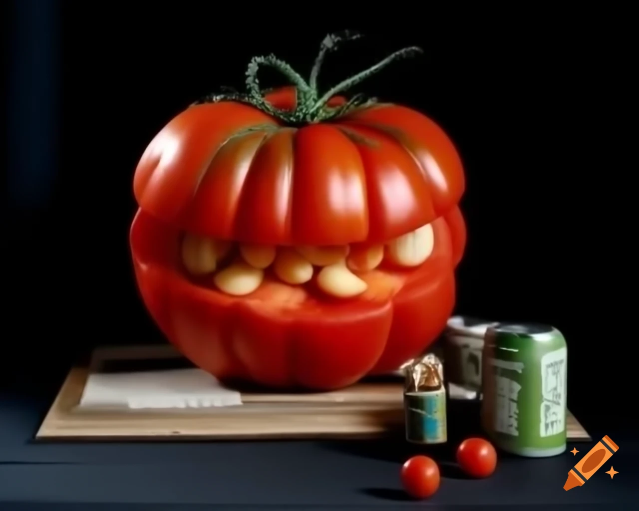 Hyper-realistic tomato sculpture in breathtaking landscape