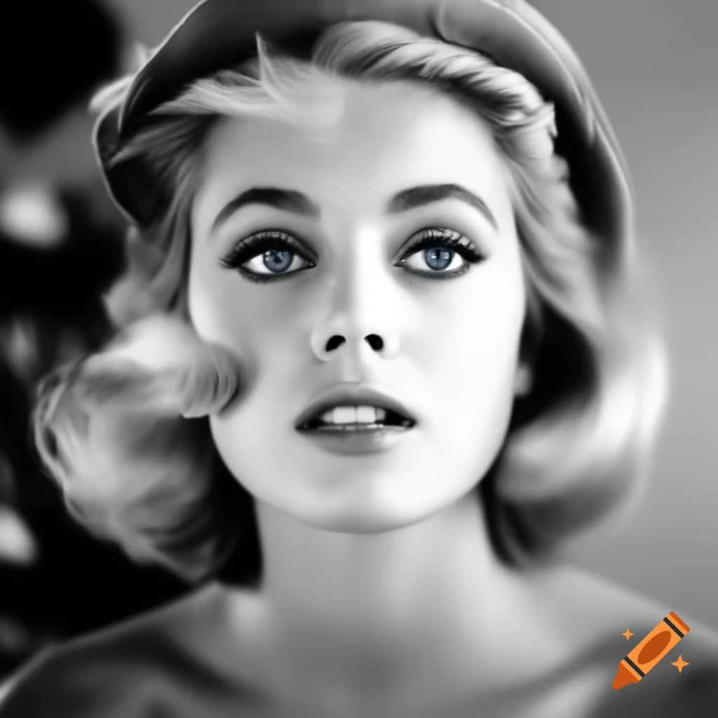 Hyper-realistic black and white photo of a beautiful European actress from 1963