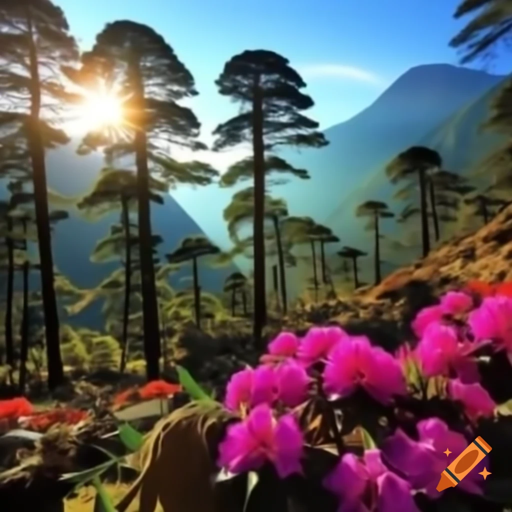 Himalayan region with lush vegetation, sunlit tropical forest, and butterflies