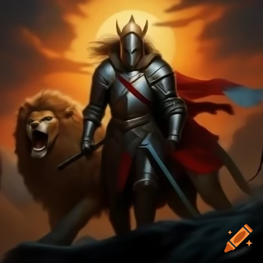 Knight in armor standing next to roaring lion with cross silhouette at sunset