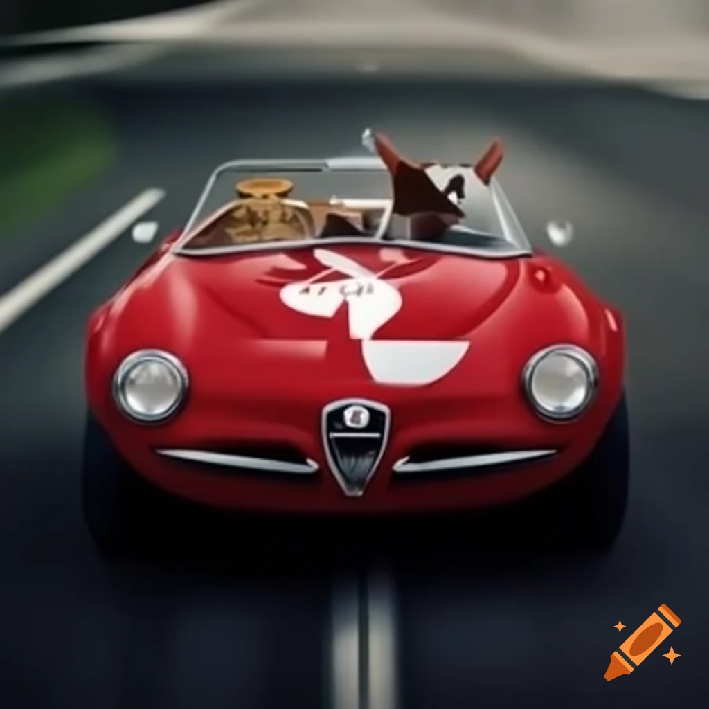 Red and white cat driving Alfa Romeo Spider Series 4