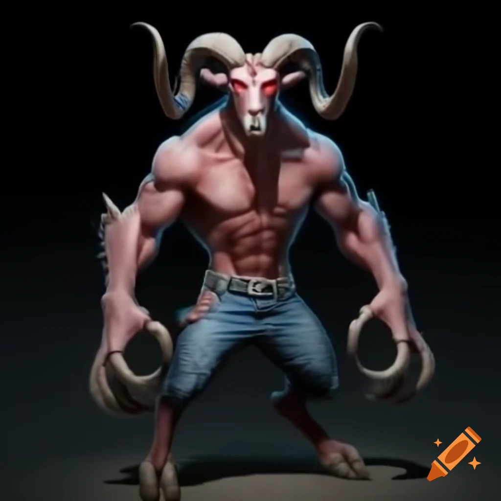 Muscular goat-headed demon with large horns and strong physique in standing posture