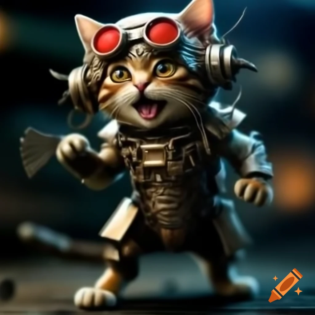 Cybernetic steampunk kitten with red eyes jumping while holding blade