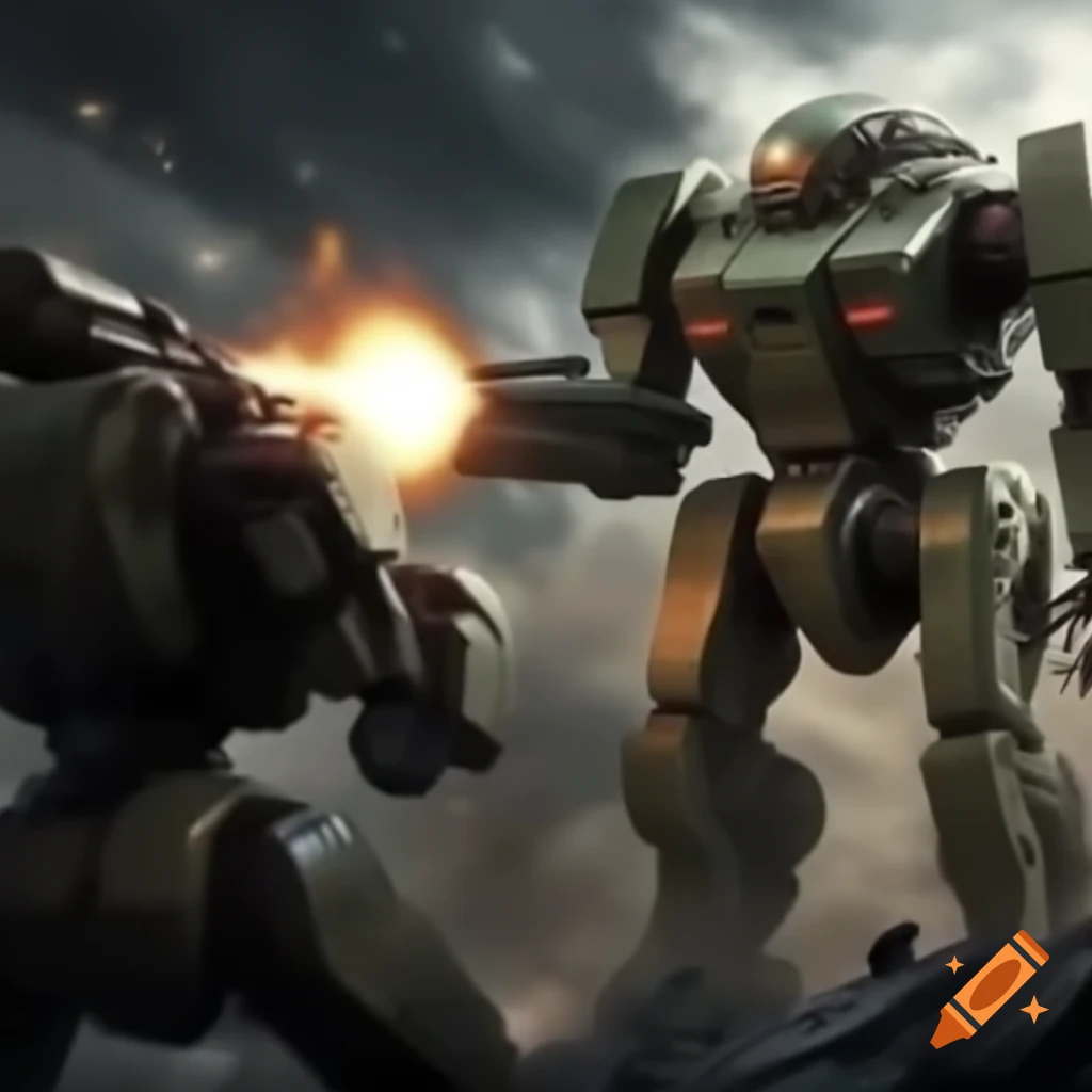Two mechas battling and destroying each other with guns