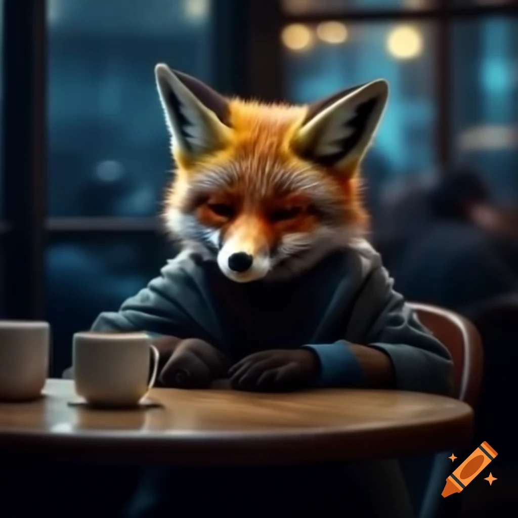 Sleepy fox in a café at night