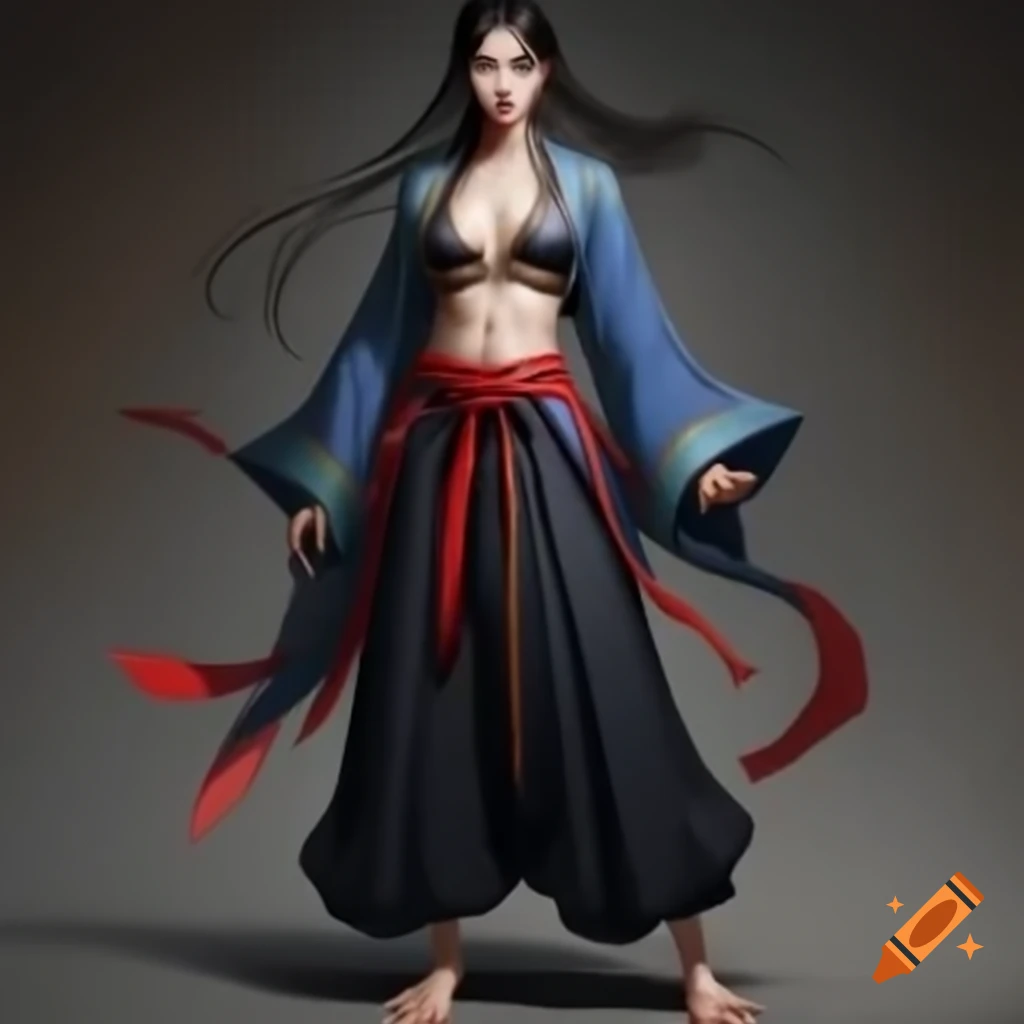 Martial arts heroine inspired by 1800s Asian fashion, resembling South Korean actress