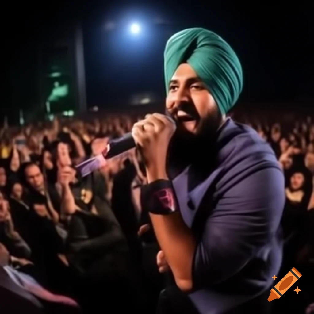 Sikh artist in silhouette performing live with microphone amidst crowd roar
