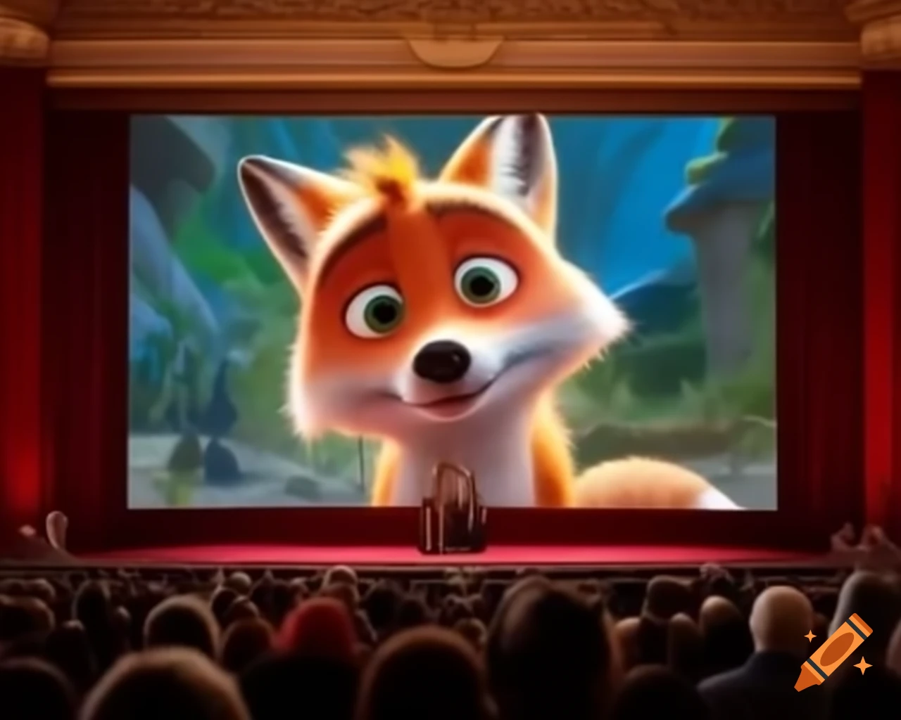 Audience watching Disney Pixar 3D movie featuring a cunning fox