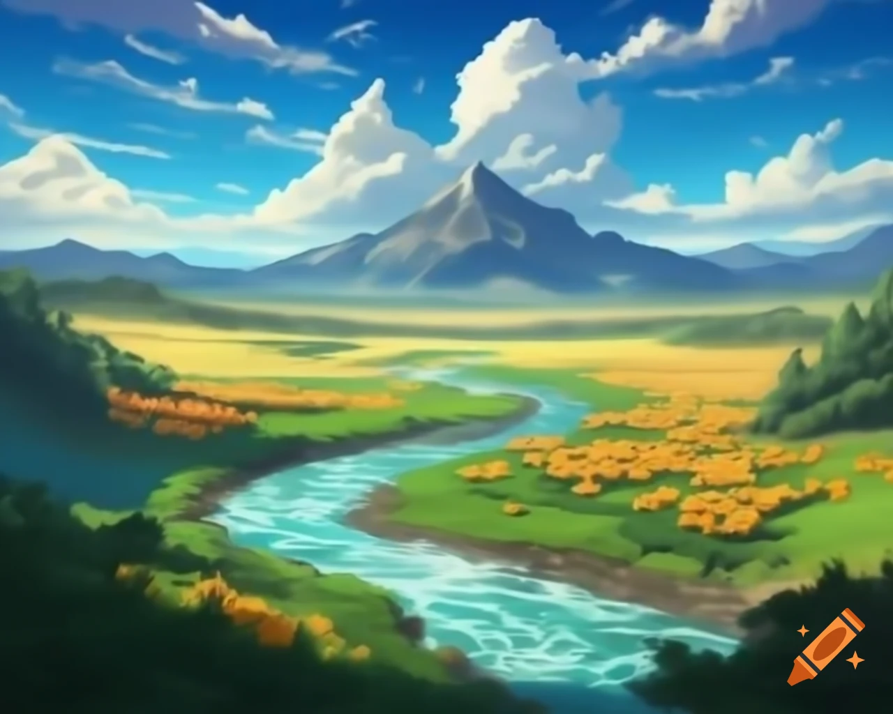Anime panorama of vibrant valley with river and mountains under clear sky