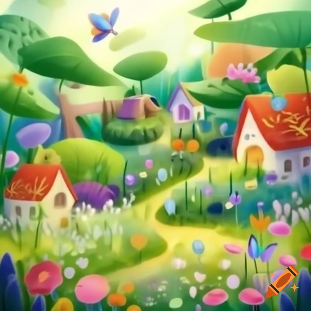 Vibrant village with magical garden filled with colorful flowers and butterflies