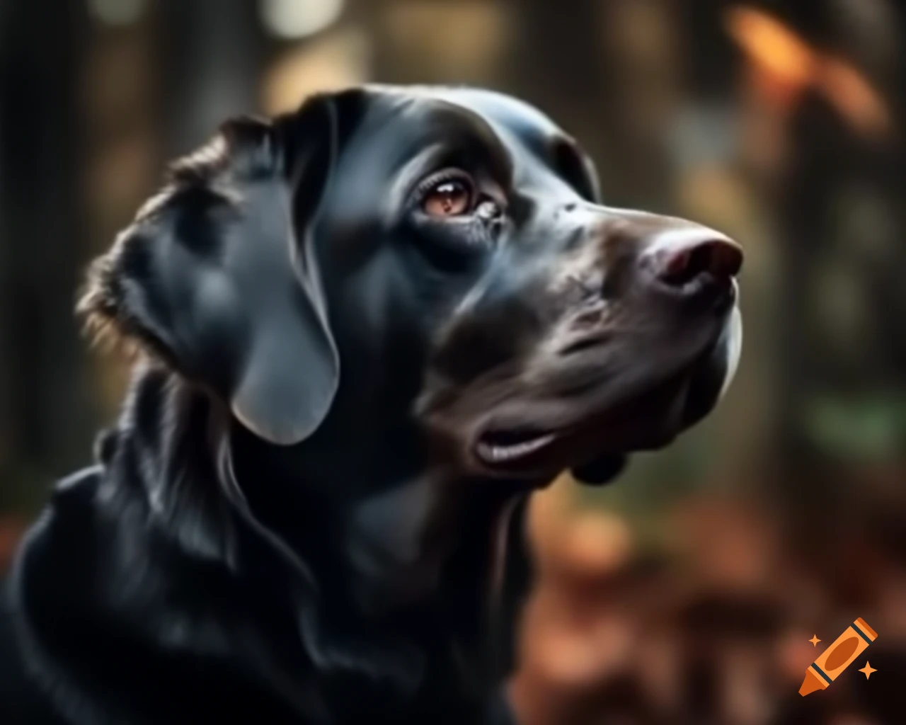 Hyperrealistic black Labrador Retriever in forest with trees, displaying dark brown eyes