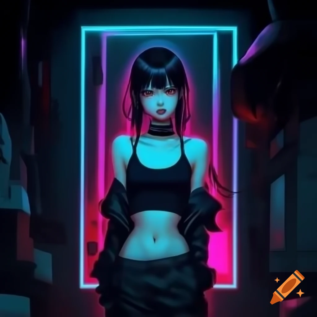 Punk-inspired young woman in dystopic fashion showing midriff