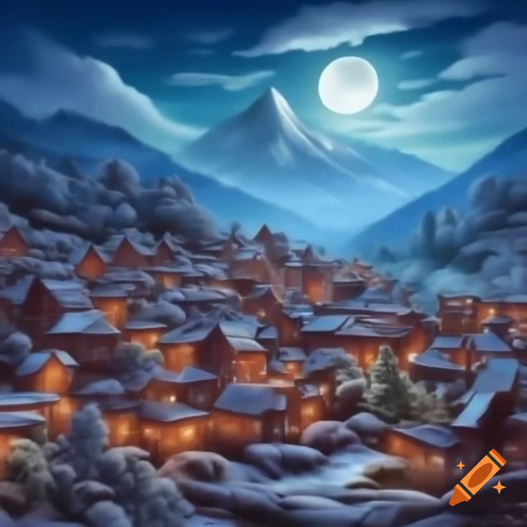 Mountain town covered in powdered sugar under full moon and towering evergreens