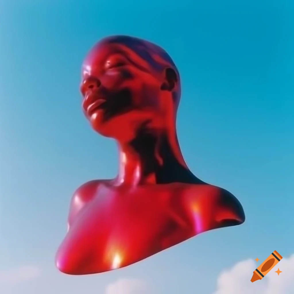 Pop surreal photography featuring red iridescent glass statue against bright sky