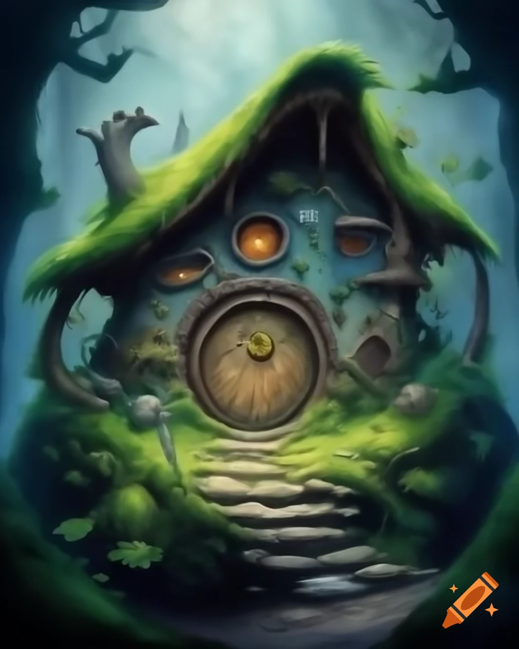 Mossy hobbit house in dark fantasy watercolor style
