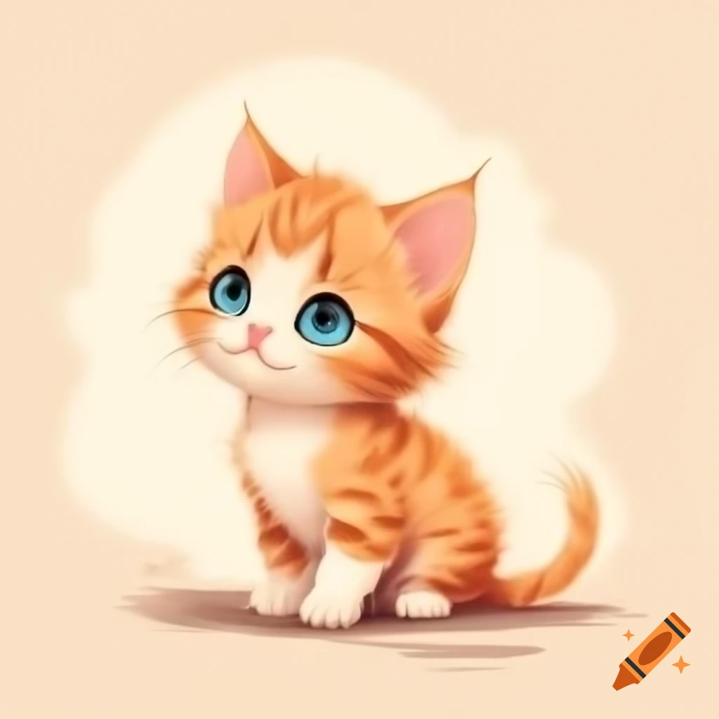 Fluffy kitten stretching with vibrant blue eyes and thick auburn fur, illustrated