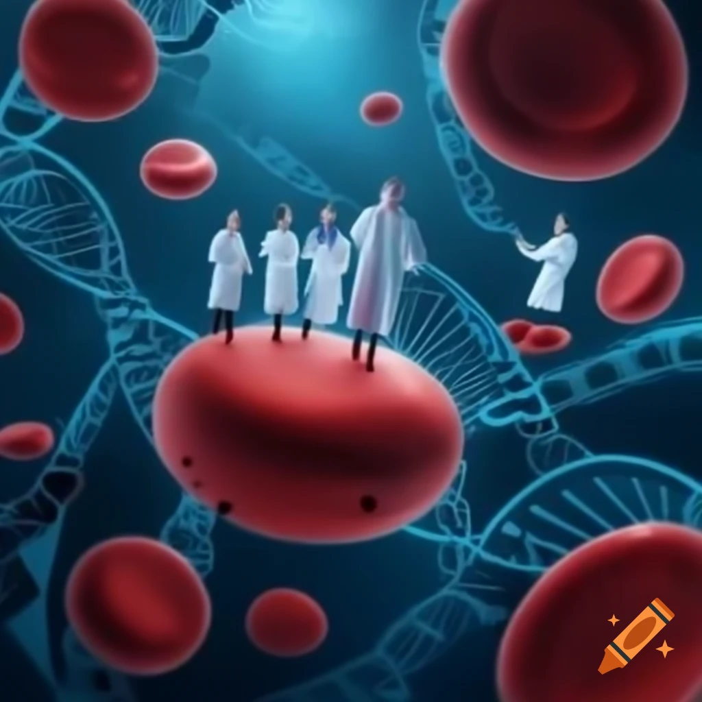 Scientists flying with floating red blood cells in futuristic medical laboratory