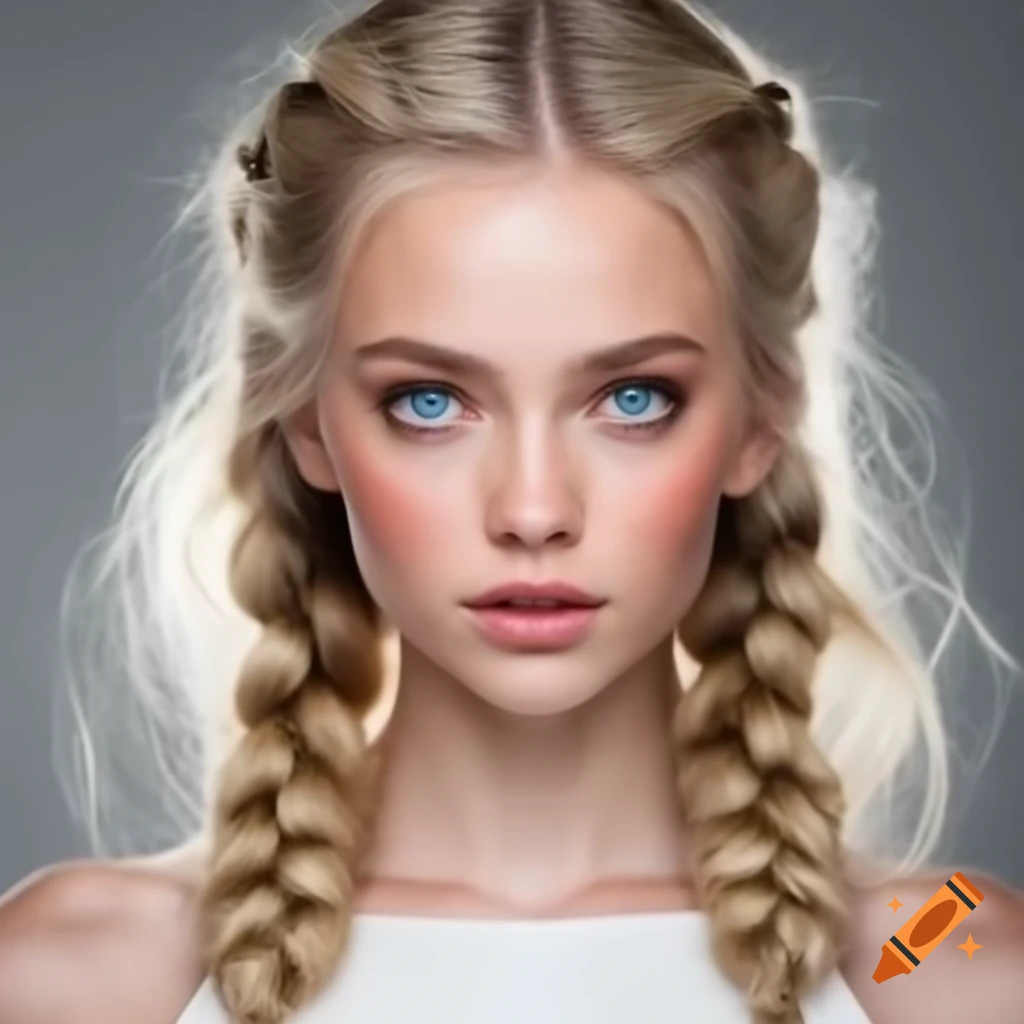 Beautiful blonde woman with blue eyes and braided platinum hair in white dress