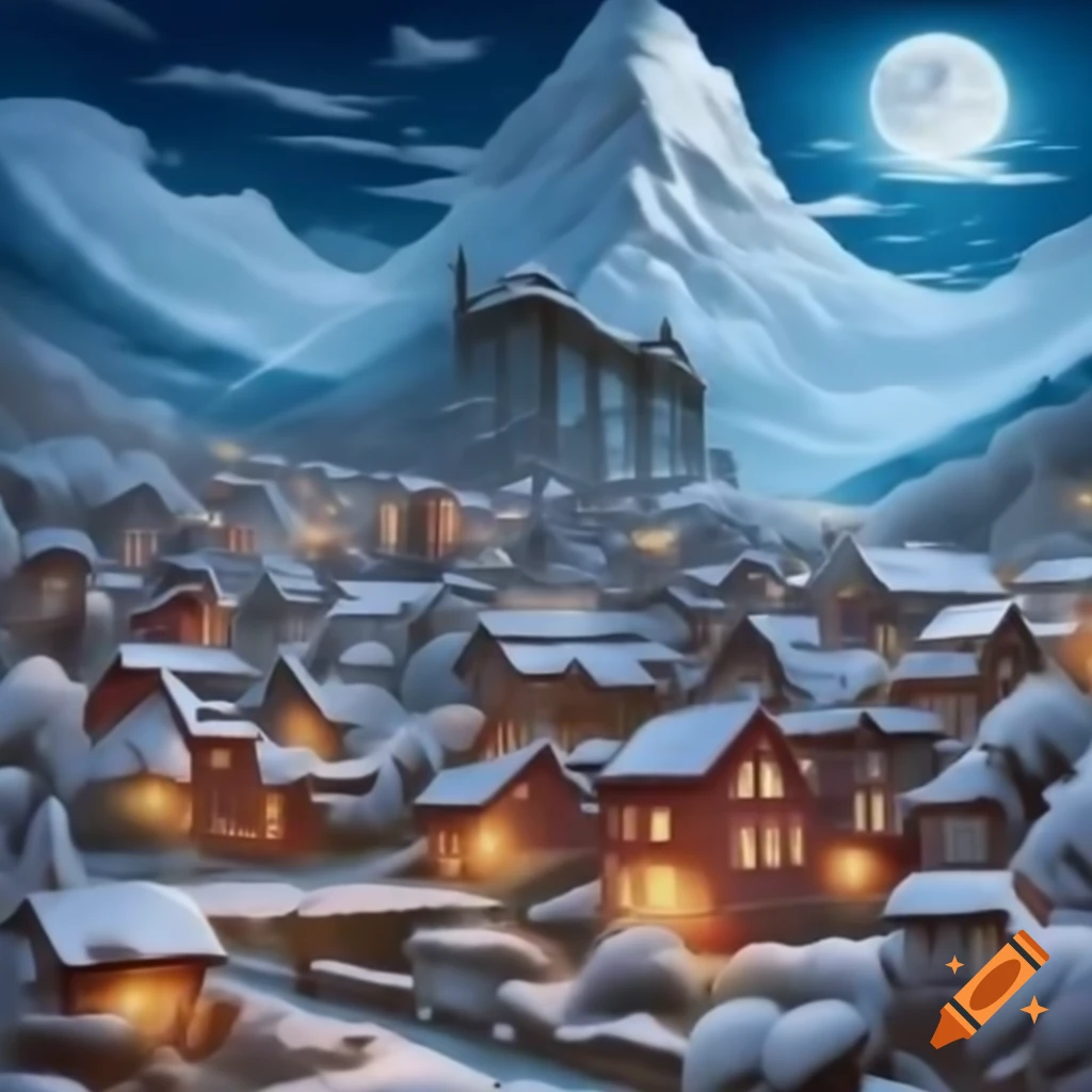 Mountain town covered in powdered sugar under full moon and towering evergreens