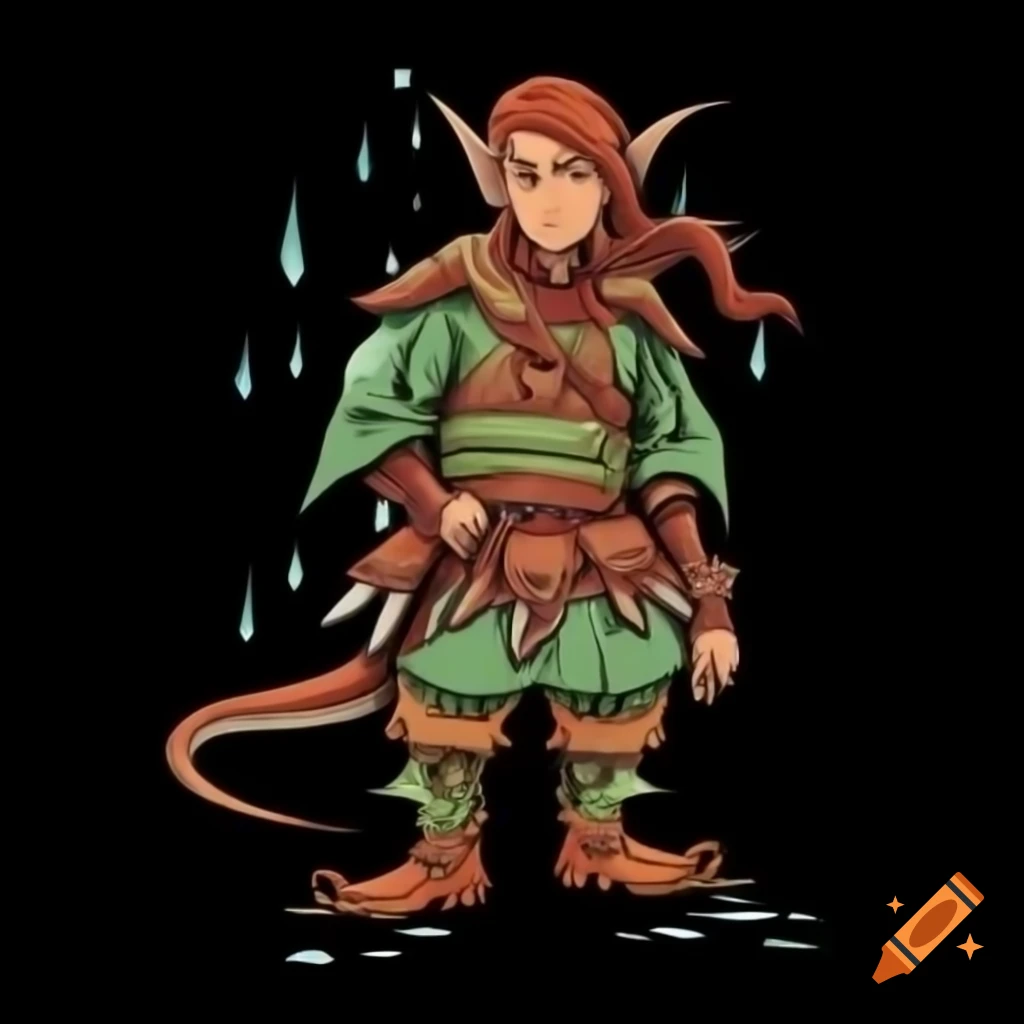 Dalish elf outfit illustration in Dragon Age concept art style with Japanese and mountain tribe influences