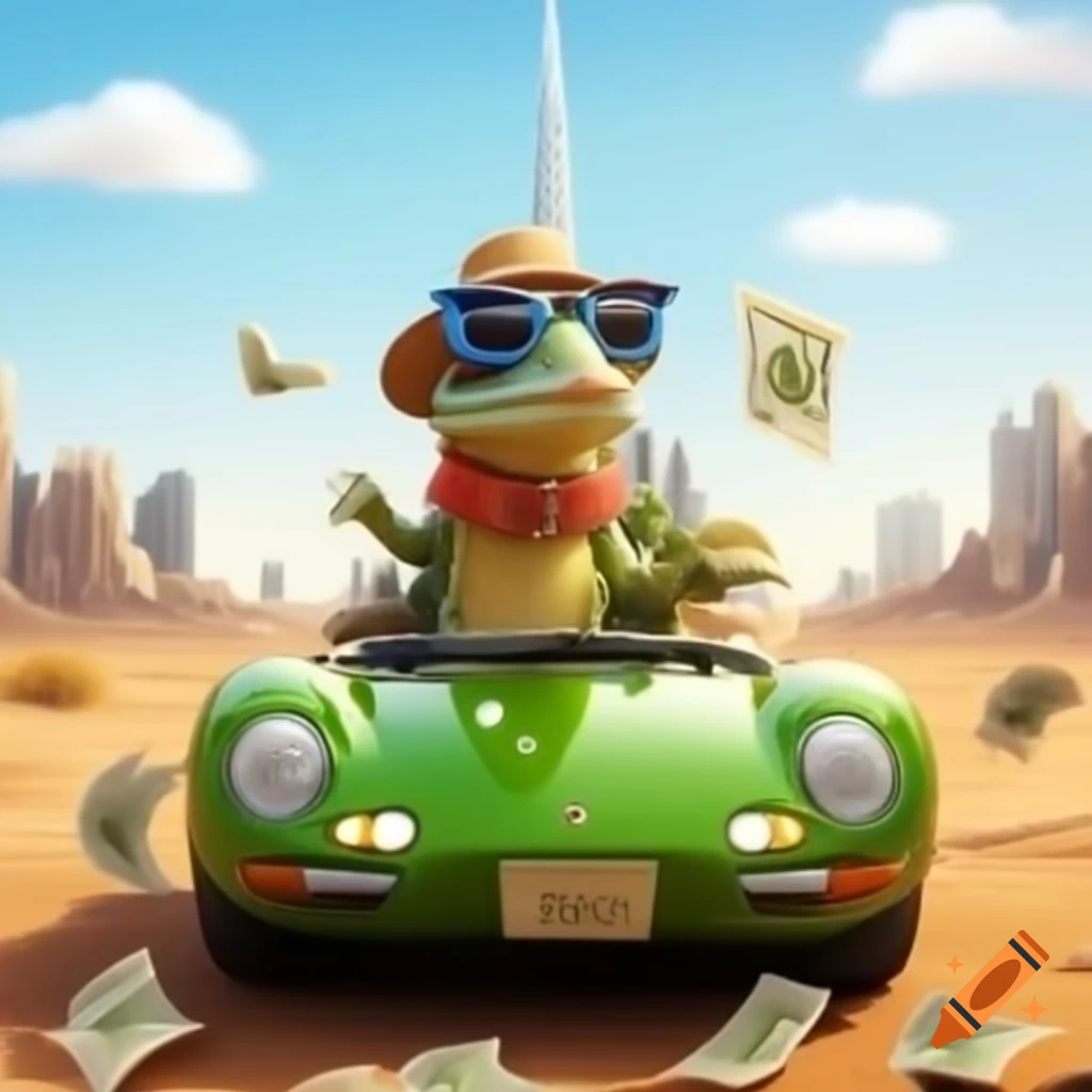 Desert lizard with sunglasses and hat on Lamborghini in front of Burj Khalifa