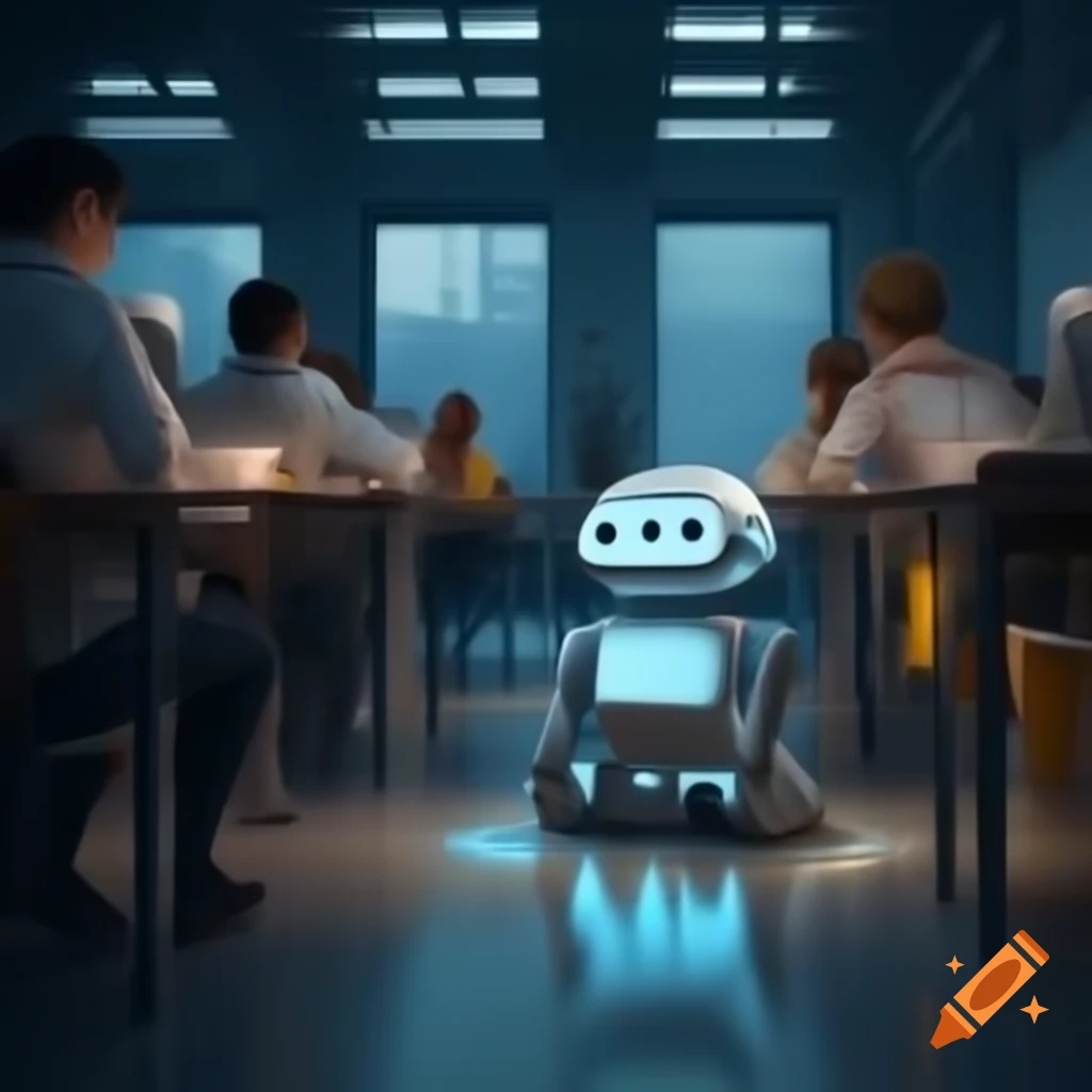 Futuristic technology classroom with robots and smiling students in group work