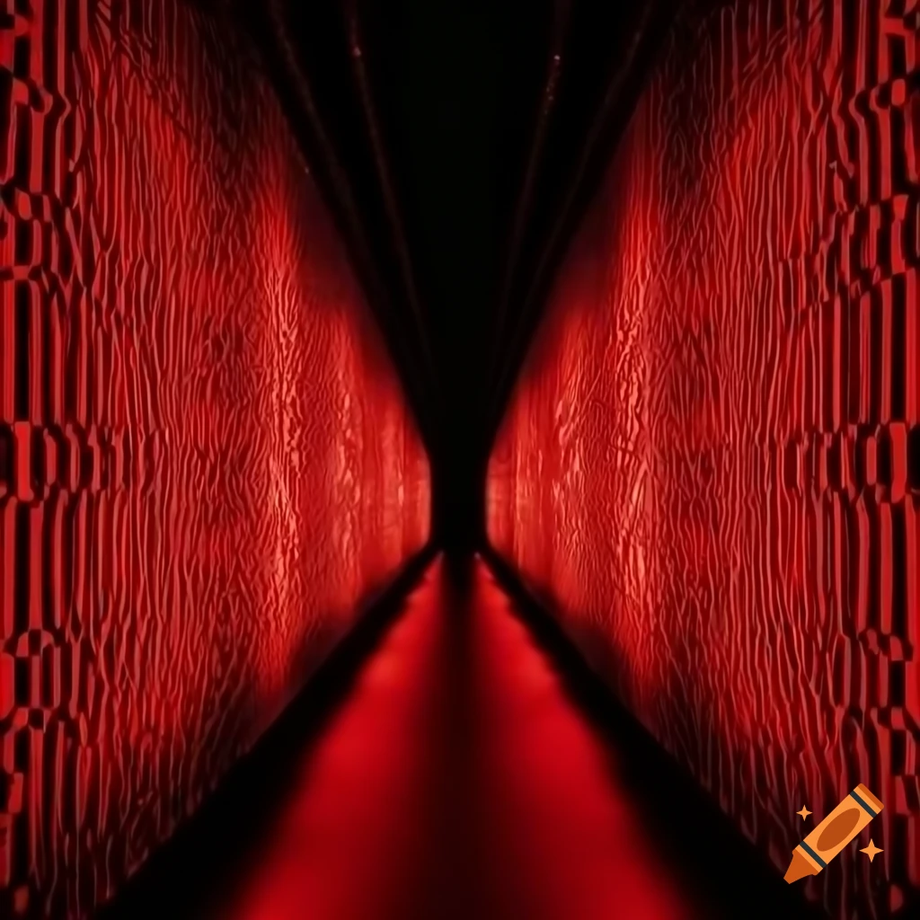 Red and black textured pattern illuminating mysterious hall with wavy walls in 4K