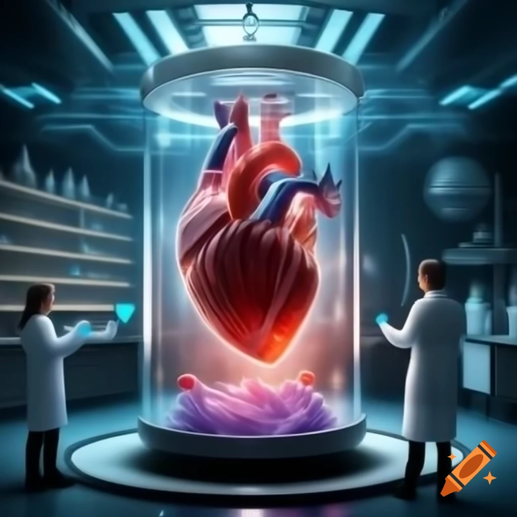 Researchers cultivating large biological heart in test tube within futuristic laboratory