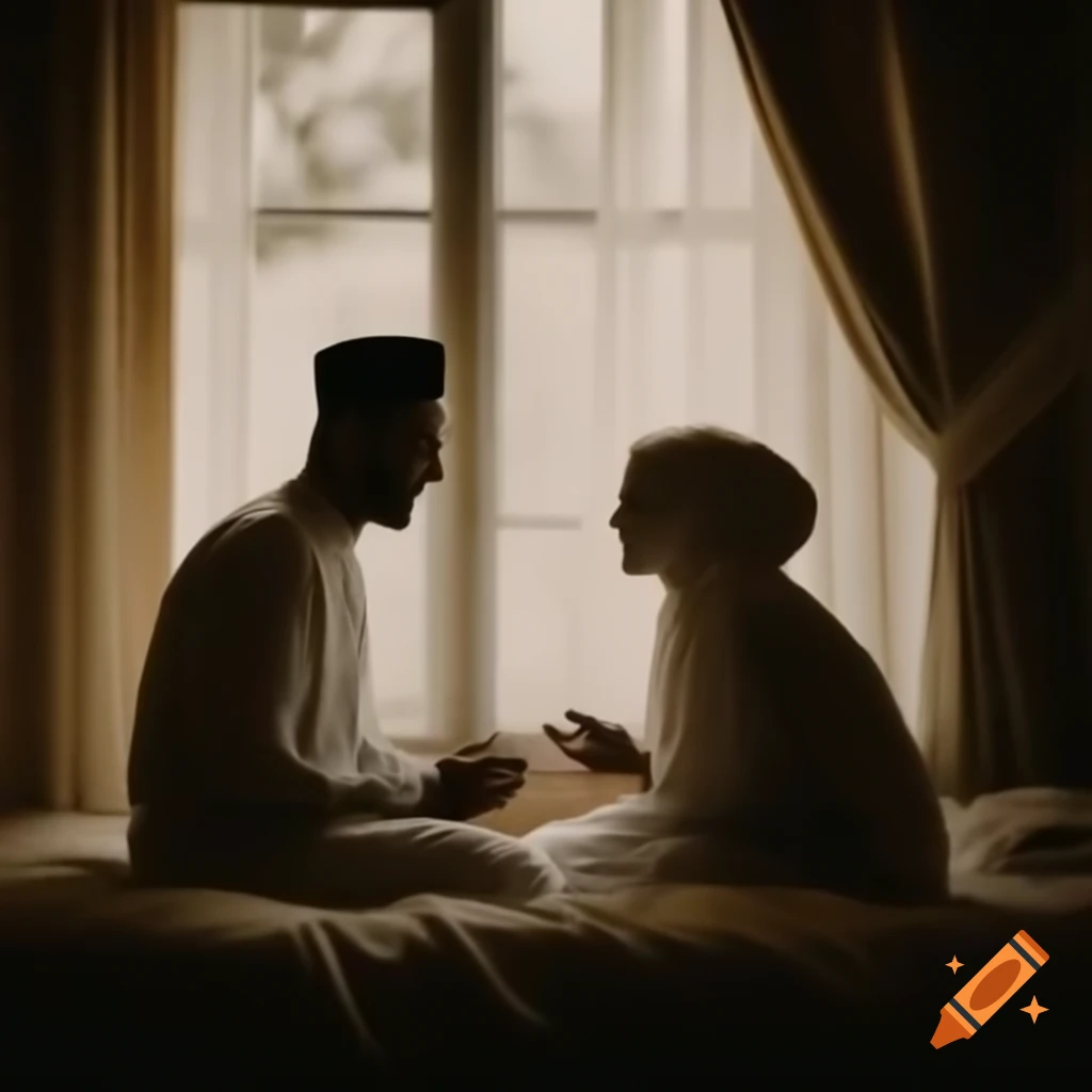 Muslim couple enjoying a warm conversation in bed with sunlight streaming through window