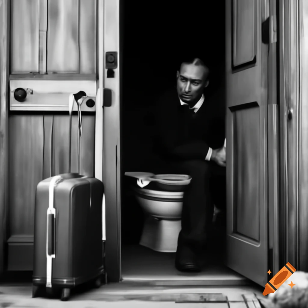 Vladimir Putin standing with suitcase at wooden outdoor toilet