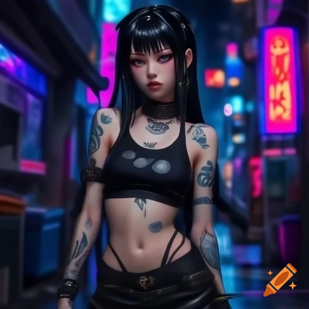 Punk-inspired anime character in dystopian fashion with black hair and lowrise pants