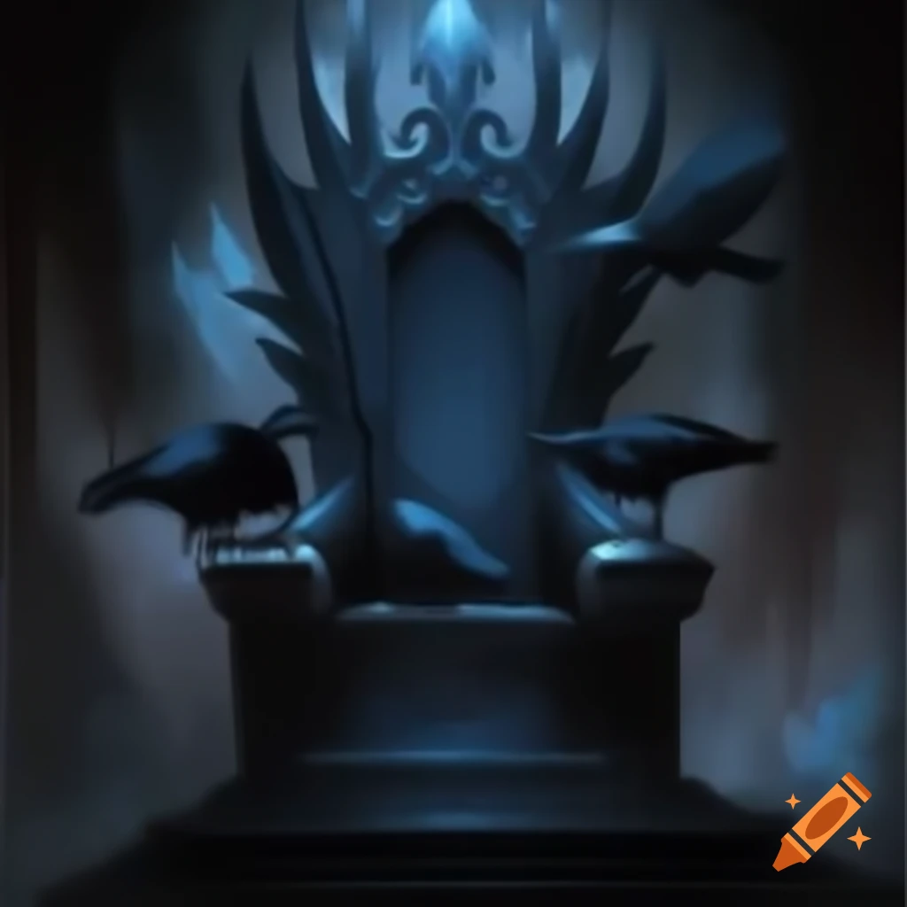 Majestic dark throne with crow patterns, symbolizing mystery and power