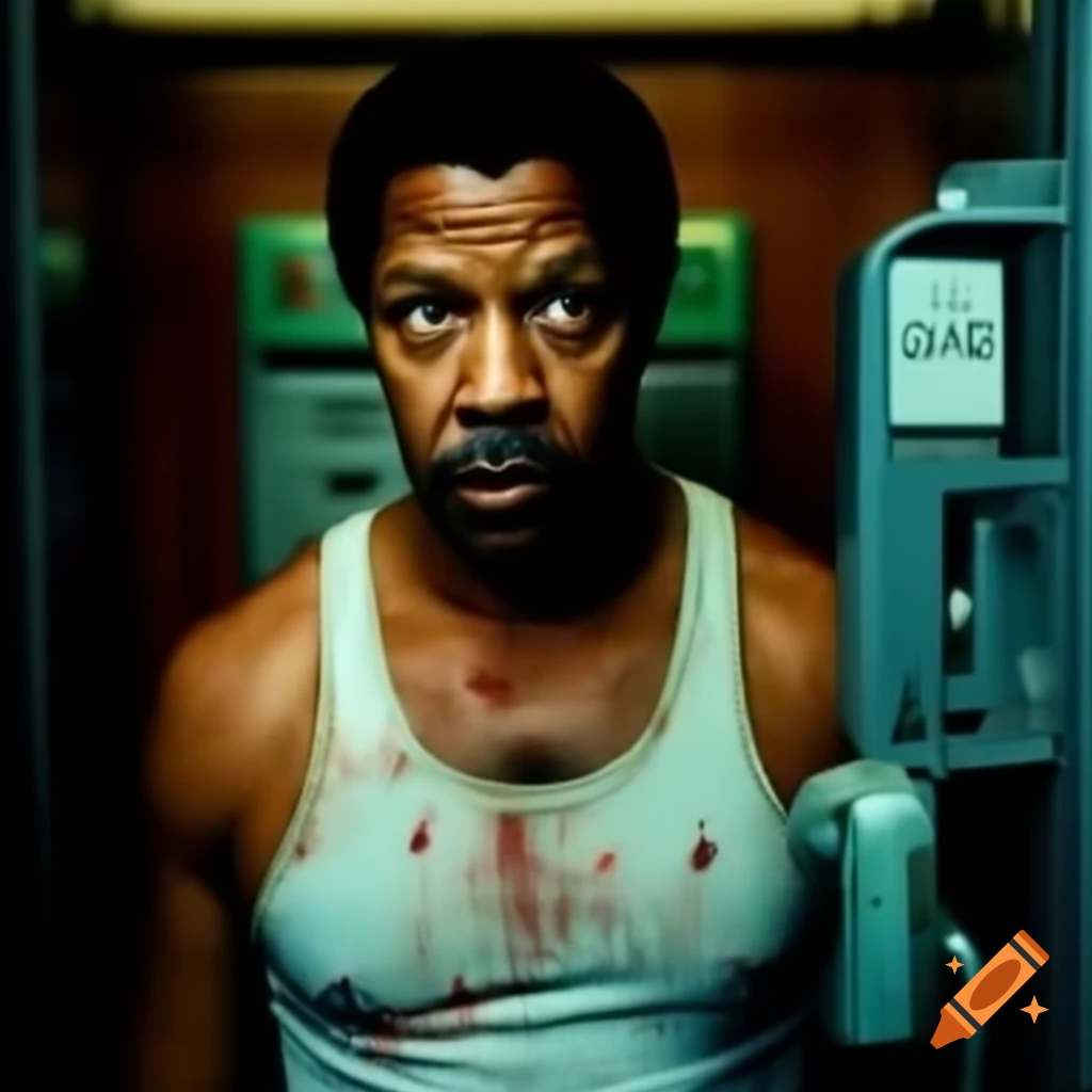 Denzel Washington in tank top at payphone, showing blood and bruises