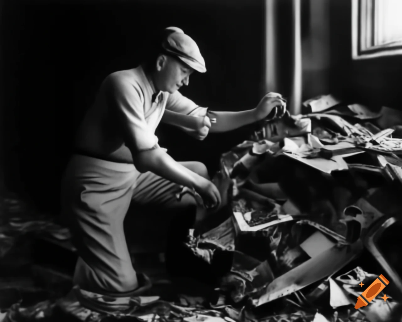 Man searching through scrap metal at waste dump in 1927, illuminated by lamp