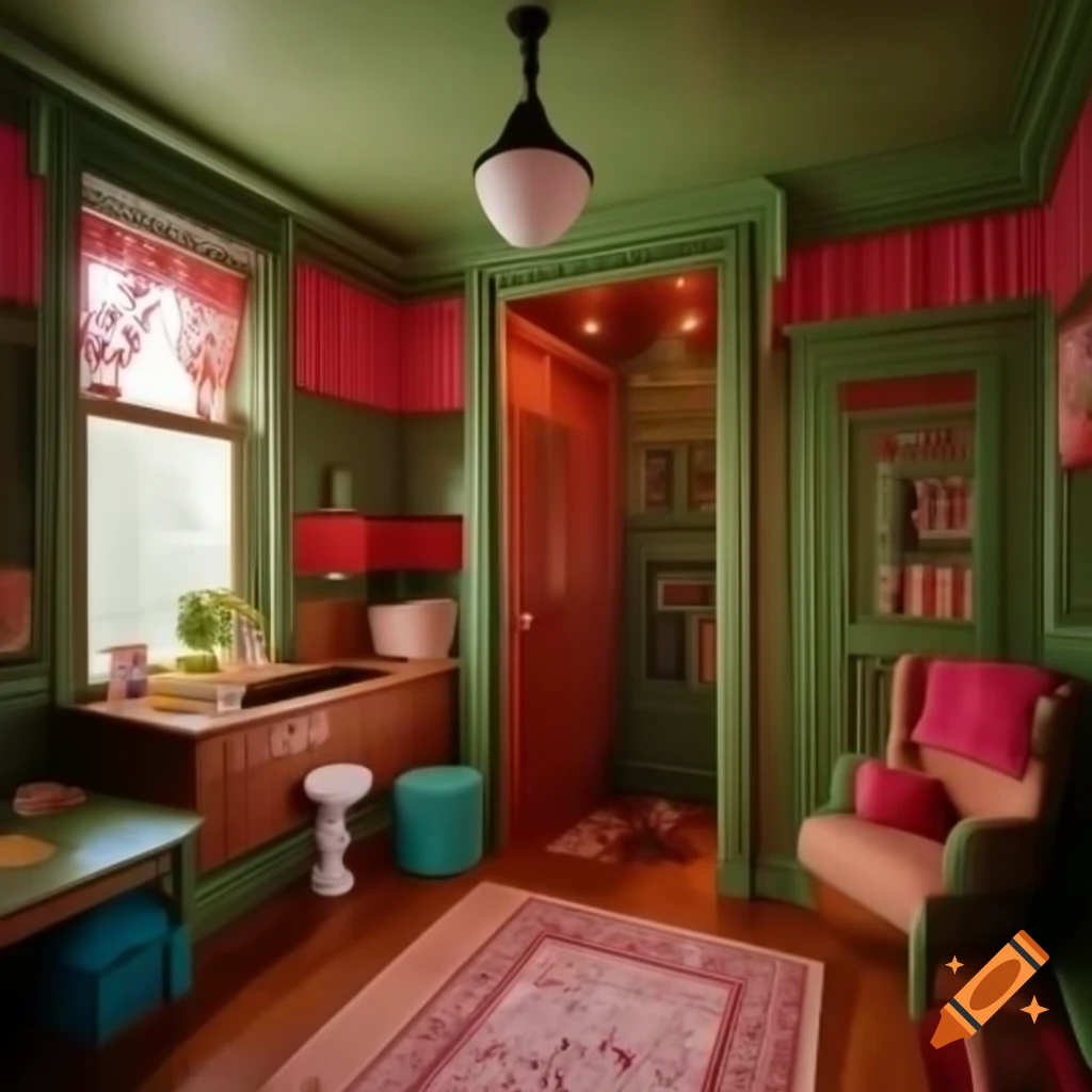 Detailed Victorian style dollhouse with colorful rooms and intricate wallpaper