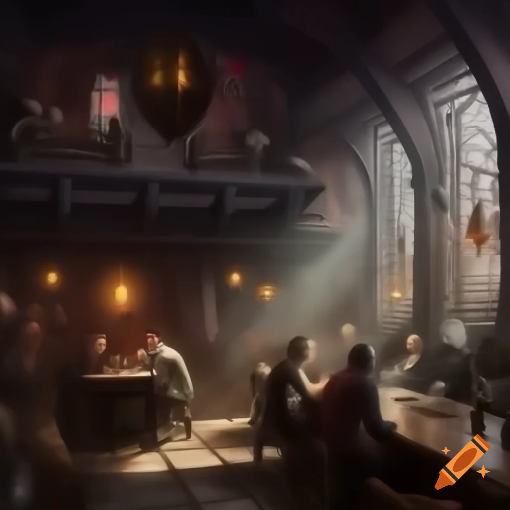 Victorian style steampunk tavern interior with people, fantasy theme