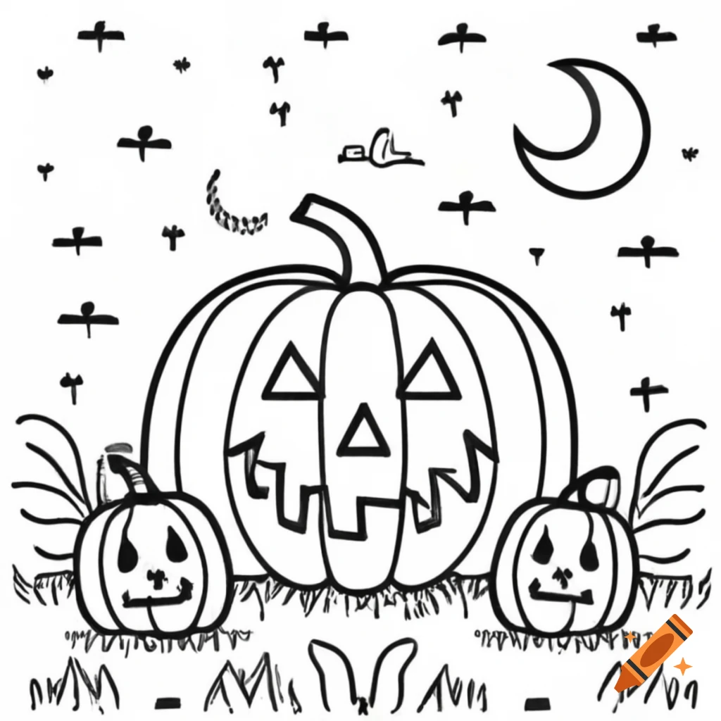 Black and white line drawing of a pumpkin patch with intricate details ...