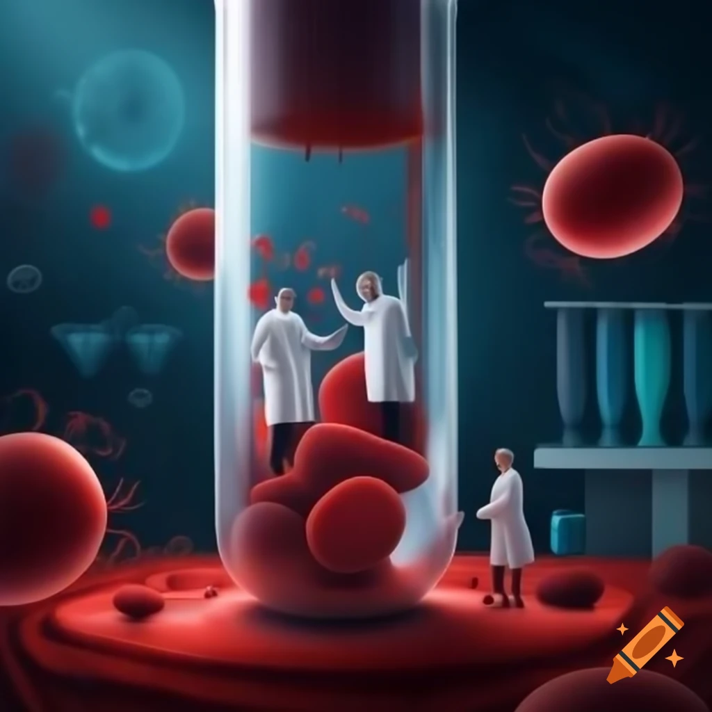 Researchers in futuristic lab with giant test tube and red blood cells