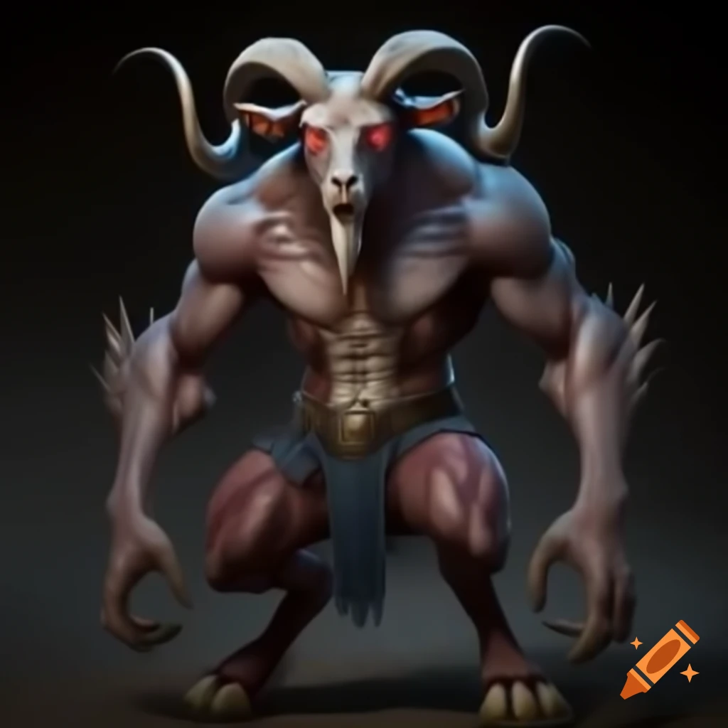 Muscular goat-headed demon with large horns and strong physique in standing posture