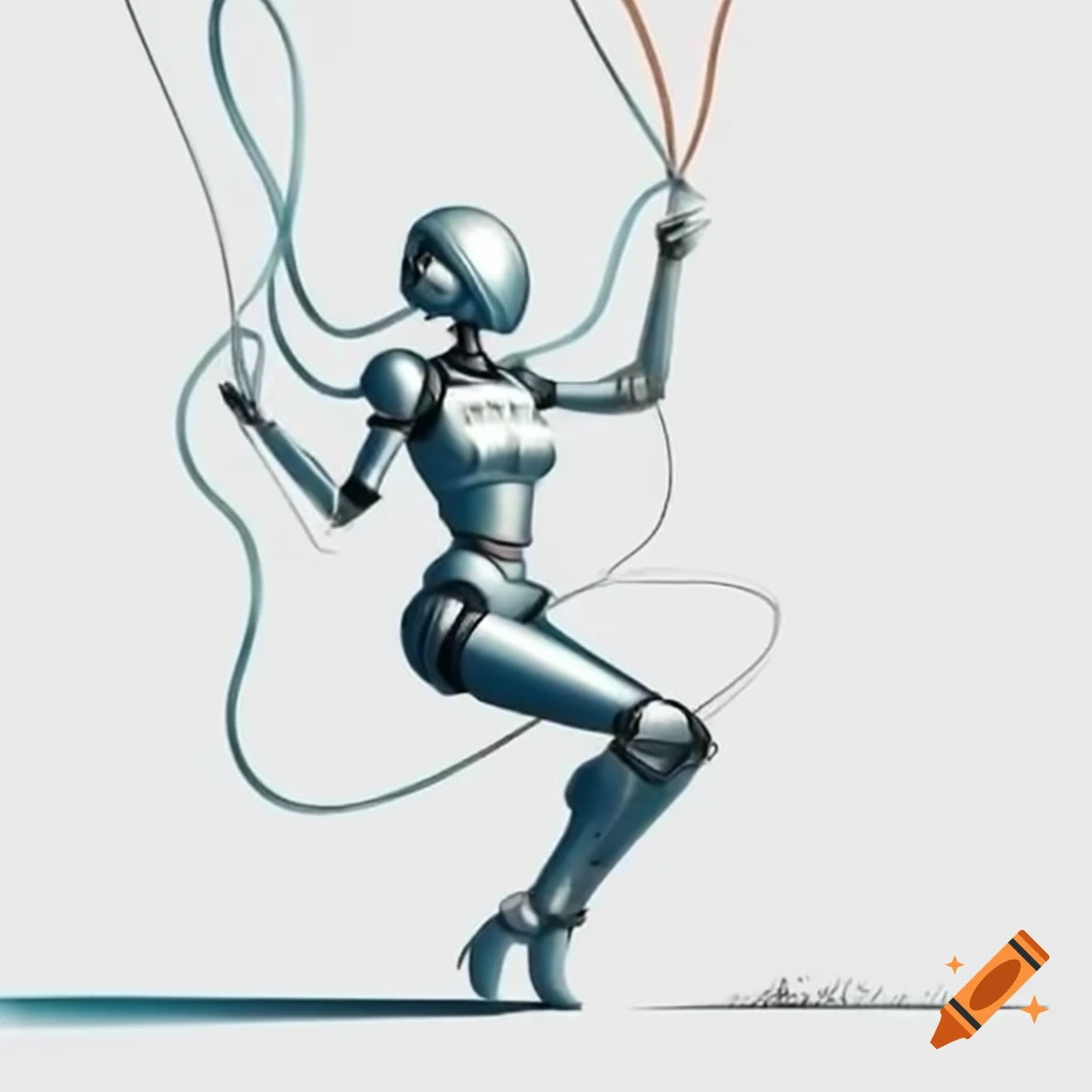 Simplistic mascot drawing of silver robot-like woman's head with hair of electrical cords