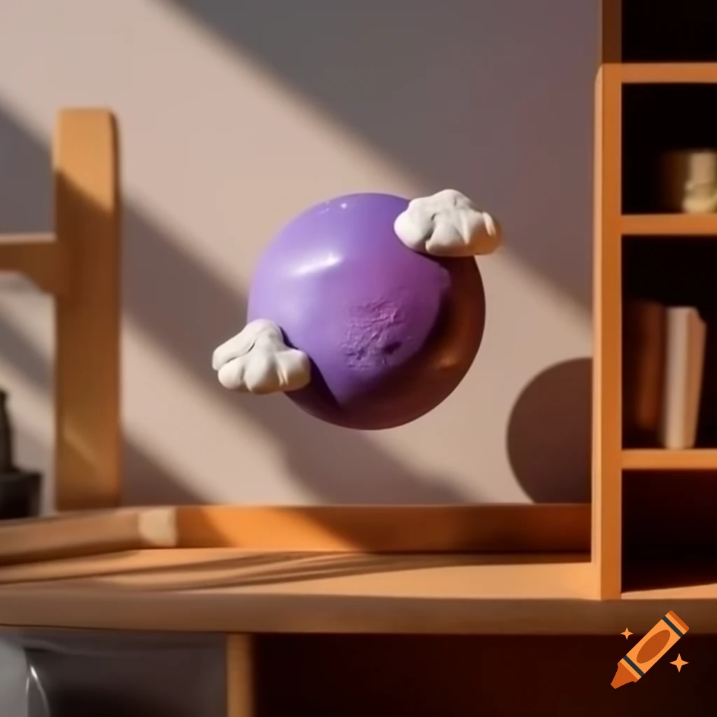 Ceramic diorama of purple planet with clouds on wooden shelf illuminated by sunlight