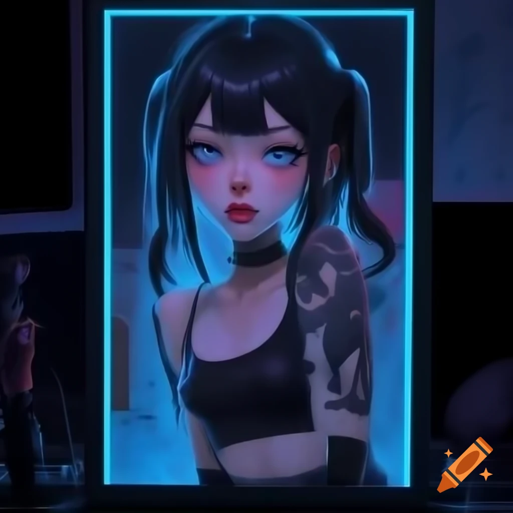 Punk-inspired young woman in dystopic fashion with black hair and lowrise pants