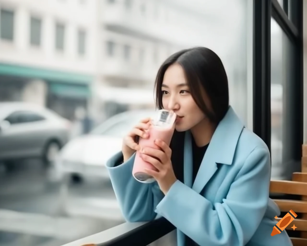Asian woman in blue coat enjoying smoothie in cafe while watching rain through window